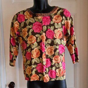 August Silk Floral Print Silk Blend Cardigan Size M Cottage Preppy Sophisticated